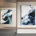 Abstract Blue White Black Wall Art In Modern Interior With Woman On Bench