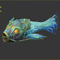 Blue Orange Gold Fantasy Ornate Fish Creature With Streamlined Body And Flowing Tail