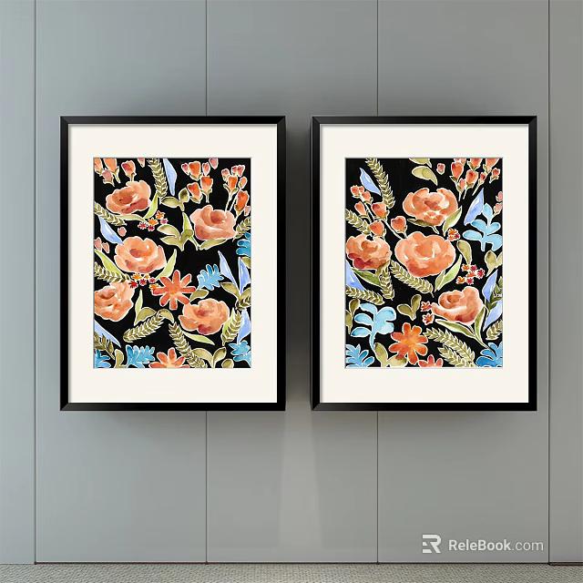 Two Black Framed Botanical Paintings Featuring Orange Pink Flowers Green Leaves On Light Gray Wall 3d model
