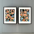 Two Black Framed Botanical Paintings Featuring Orange Pink Flowers Green Leaves On Light Gray Wall 3d model