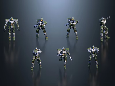 Game Movie Mecha Characters in Various Action Poses with Green Silver Armor and Weapons 3d model