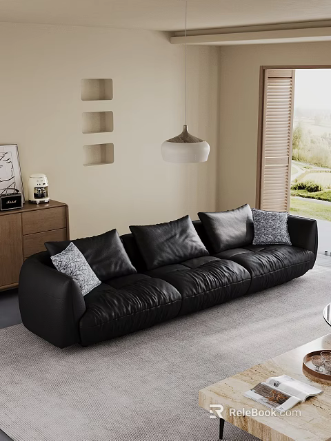 Living Room With Black Leather Sofa Gray Pillows Wooden Cabinet Wall Niches And Pendant Lamp 3d model 