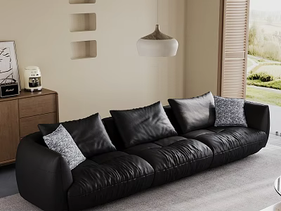 Living Room With Black Leather Sofa Gray Pillows Wooden Cabinet Wall Niches And Pendant Lamp 3d model