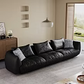 Living Room With Black Leather Sofa Gray Pillows Wooden Cabinet Wall Niches And Pendant Lamp