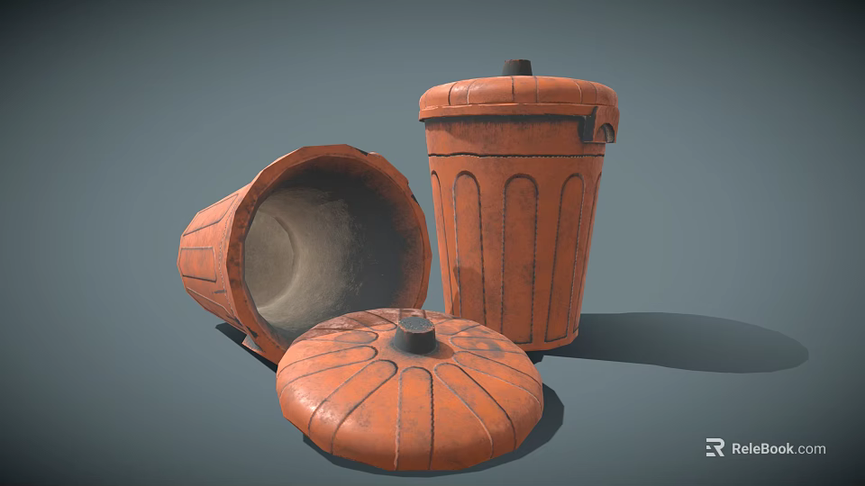 Three Terracotta Clay Pots With Textured Surface Lid And Overturned Container 3d model 