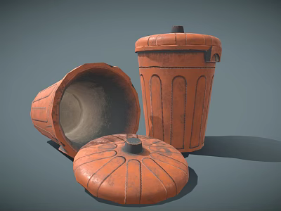 Three Terracotta Clay Pots With Textured Surface Lid And Overturned Container 3d model