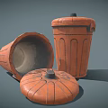 Three Terracotta Clay Pots With Textured Surface Lid And Overturned Container