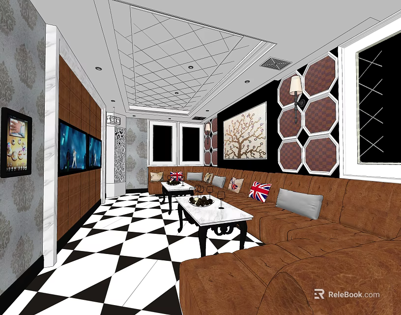 Modern KTV Room Interior With Brown Sofa Coffee Table TV Decorative Paintings And Geometric Floor 3d model 