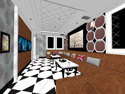 Modern KTV Room Interior With Brown Sofa Coffee Table TV Decorative Paintings And Geometric Floor 3d model
