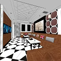 Modern KTV Room Interior With Brown Sofa Coffee Table TV Decorative Paintings And Geometric Floor