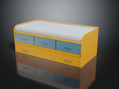 Modern Wooden Storage Bench With White Cushion And Blue Drawers For Home Storage 3d model