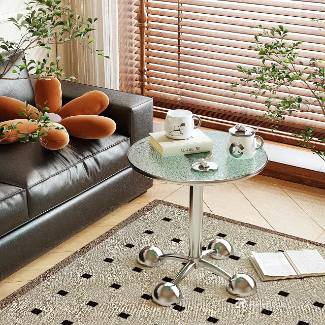 Side Table With Round Glass Top Silver Stand In Living Room By Black Leather Sofa 3d model 