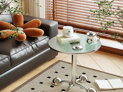 Side Table With Round Glass Top Silver Stand In Living Room By Black Leather Sofa 3d model