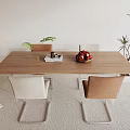 Wooden Dining Table Set With White And Brown Chairs Fruit Bowl Magazines And Plants