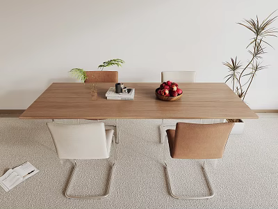Wooden Dining Table Set With White And Brown Chairs Fruit Bowl Magazines And Plants 3d model