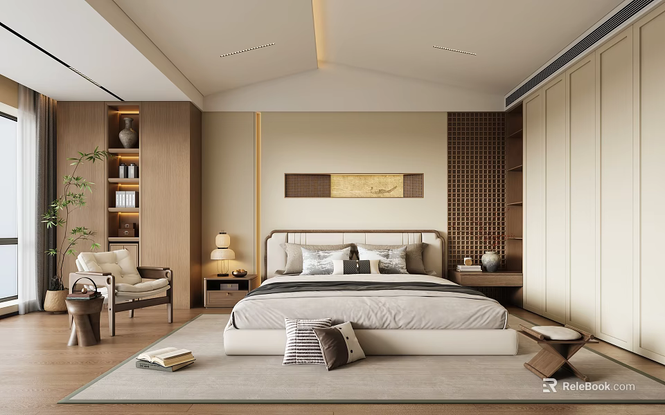 Modern Minimalist Bedroom Interior With Wooden Cabinets Bed Pillows Table Lamp And Accent Chair 3d model 