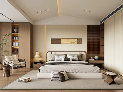Modern Minimalist Bedroom Interior With Wooden Cabinets Bed Pillows Table Lamp And Accent Chair 3d model