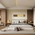Modern Minimalist Bedroom Interior With Wooden Cabinets Bed Pillows Table Lamp And Accent Chair