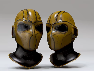 Two Yellow Armor Helmets With Black Base And Detailed Face Mask Design 3d model