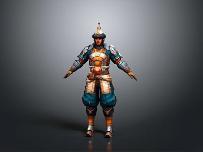Man wearing traditional colorful armor with decorative elements in standing pose 3d model