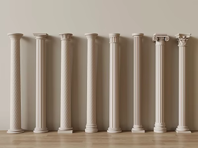 Classical Columns In Various Styles With White Finish On Wooden Floor 3d model