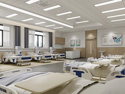 Hospital Ward Interior With Multiple Medical Beds Windows And Cabinets 3d model