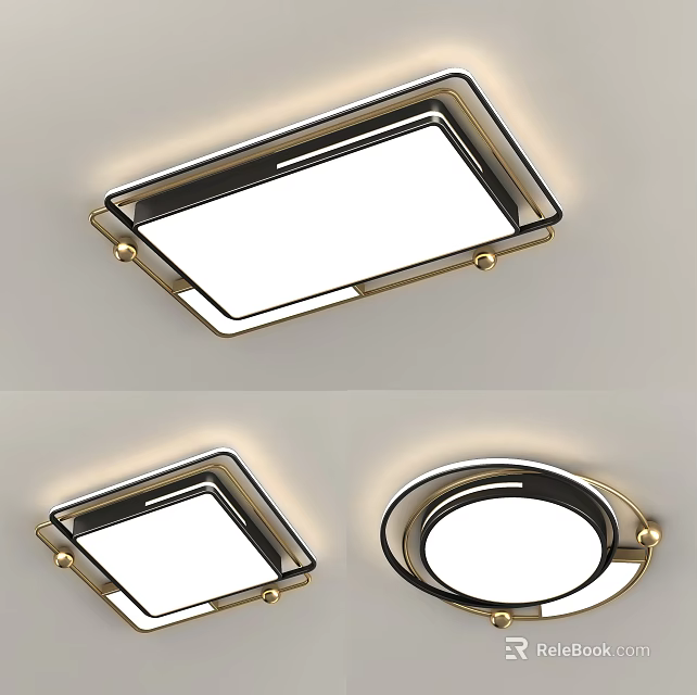 Modern Ceiling Lights With Square Round Shapes And Gold Metallic Frames 3d model