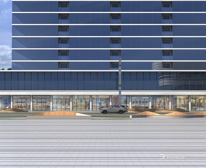 Modern Commercial Street With Glass Curtain Walls Ground Floor Shops And Parked Car 3d model 