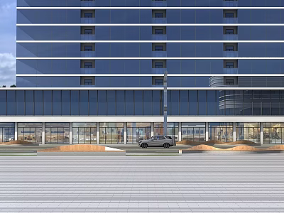 Modern Commercial Street With Glass Curtain Walls Ground Floor Shops And Parked Car 3d model