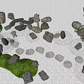 Zen Style Garden Ornament With Circular Stone Stepping Stones Green Grassy Area And Small Shrubs