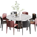Round Marble Top Dining Table Set With Colorful Leather Chairs And Decor 3d model