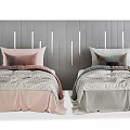 Modern Single Bed with Pink Gray Bedding and Decorative Pillows on Wooden Wall