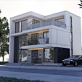 Modern Two Story Detached Villa Exterior Design With Large Windows Balconies And Trees