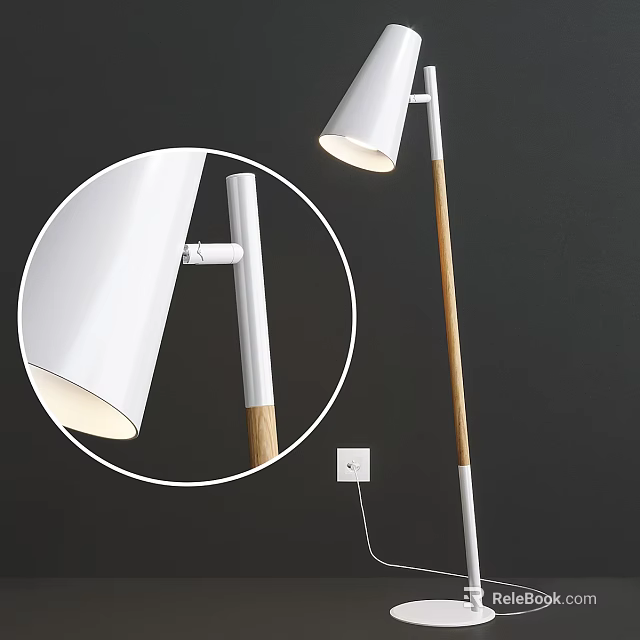 Modern Floor Lamp with White Shade Simple White Metal Wooden Pole Interior Design 3d model 