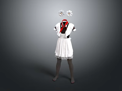 Elegant White Dress With Black Top Red Scarf Lace Details And White Flower Headpieces 3d model