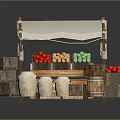 Fresh Fruit Stall With White Canopy Colorful Red Yellow Green Fruits Wooden Barrels And Crates