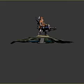 Game Movie Character Standing on Circular Platform With Green Rock Blue Base Armor and Weapon