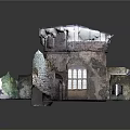 Cartoon Scene Of Abandoned Castle Interior With Mossy Stone Walls Arched Windows And Wooden Floor