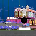 Modern Illuminated Container Building Exterior Night View with Ocean Theme Moon Decorations and Front Steps