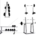 Sports Equipment Collection Featuring Dumbbell Rack Barbells Bench Press and Weight Plates