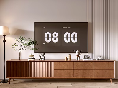 Modern Wooden TV Stand With Decorations Floor Lamp And Green Plant In Living Room 3d model