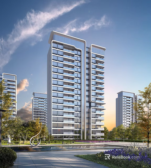 Modern High Rise Residential Building With Glass Facade Balconies And Green Landscaping 3d model 