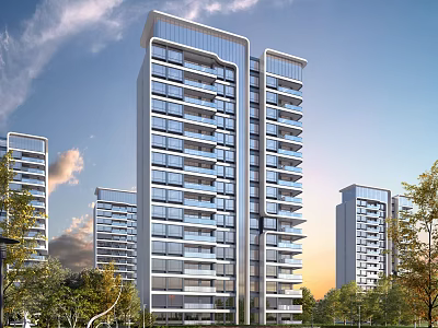 Modern High Rise Residential Building With Glass Facade Balconies And Green Landscaping 3d model