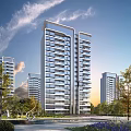 Modern High Rise Residential Building With Glass Facade Balconies And Green Landscaping