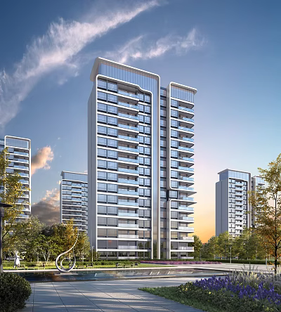 Modern High Rise Residential Building With Glass Facade Balconies And Green Landscaping 3d model
