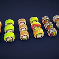 Colorful Sushi Rolls With Fresh Ingredients And Various Fillings On Dark Background
