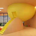 Colorful Children's Indoor Play Area Featuring Orange Sphere Yellow Slide Wooden Floor And Large Windows