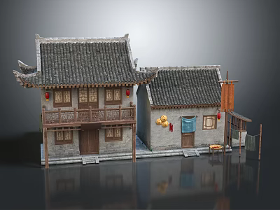 Traditional Chinese Architecture Model With Gray Tile Roof Wooden Structure And Red Lanterns 3d model