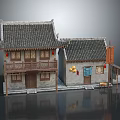 Traditional Chinese Architecture Model With Gray Tile Roof Wooden Structure And Red Lanterns