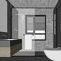 Modern Bathroom Interior With Glass Shower Gray Walls Blinds And Wall Mounted Toilet